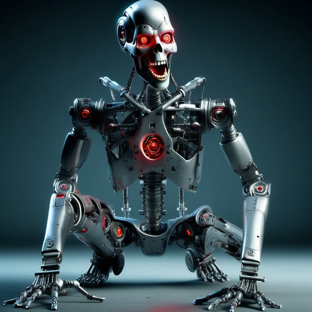 humanoid robot, on one knee, robot joints, full body, mechanical parts, solo, no humans, bald, glowing red eyes, looking away, skull nose, open mouth, teeth, mechanical arms, mechanical hands, open hands, mechanical fingers, mechanical legs, mechanical feet, horror (theme)