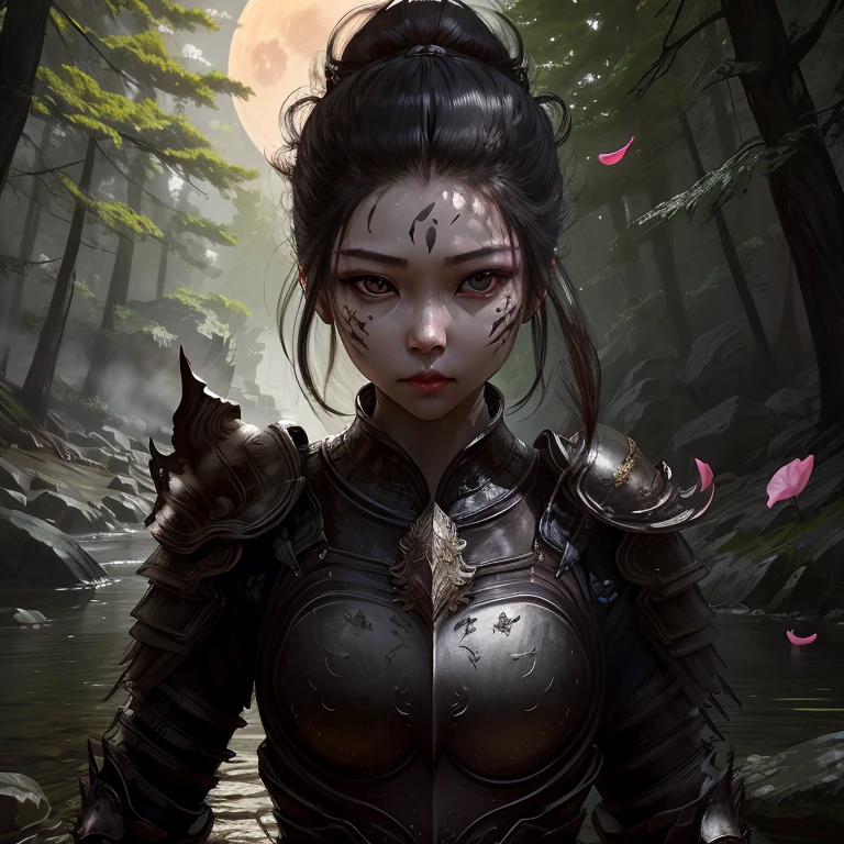 masterpiece,best quality,1girl,solo,black hair,looking at viewer,armor,armor emitting dazzling light,black eyes,petals,moon,portrait,facial mark,water,forest,rock,photograph,solo,<lora:é»ç¥è¯æç©ºçLORA:1>,blackmyth,