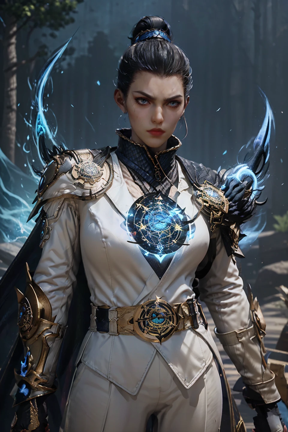 1girl,solo,big eyes,forehead,red lips,serious,(stare),black hair,(single hair bun),hair ornament,jewelry,suit,long sleeves,(long cape),chainmail,(armor:1.2),(arm armor:1.2),shoulder armor,plume,belt,pants,gloves,plume,belt,pants,(looking at viewer),(photoshop \(medium\):1.1),(fire),((blue fire:1.5)),magic,(magic circle:1.5),(blue magic circle:1.5),(night:1.2),(outdoors),3d,game cg,(Cinematic Lighting),(skin gloss),(perfect skin),Highly detailed,(ultra-detailed),hatching \(texture\),(8k,best quality,huge filesize,masterpiece:1.5),<lora:斗罗大陆2-仙琳儿:0.65>