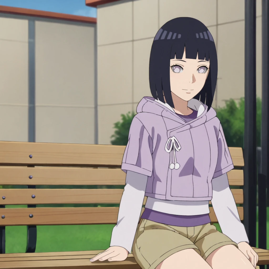 <lora:hinata_pony_v1:.8> HinataBoruto, 1girl, hyuuga hinata, short hair, black hair, hood down, blunt bangs, purple eyes, short over long sleeves, layered sleeves, skirt, shorts, hoodie, bench, purple shirt, cowboy shot