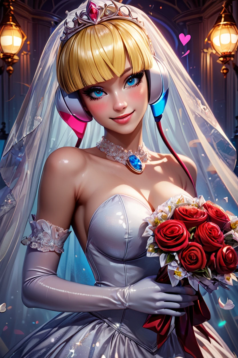 score_9, score_8_up, score_8, medium breasts, (curvy), cute, eyelashes,       BREAK, , aaElesa, blonde hair, short hair, blunt bangs,  <lora:ElesaPokemonPDXL:0.7>,, BREAK, (ultra realistic,32k, masterpiece:1.2),(high detailed skin:1.1),( high quality:1.1), curvy, head tilt, hearts, blush, lips, curvy, head tilt, shiny clothes, (upper body), looking at viewer, bokeh, luminescent background, smile, looking at viewer,  bride, wedding dress, bridal veil, strapless dress, elbow gloves,  holding bouquet,  hearts, white outline, cowboy shot, embedding:zPDXL, Expressiveh,  <lora:RlAnmPDXL:1.0>,