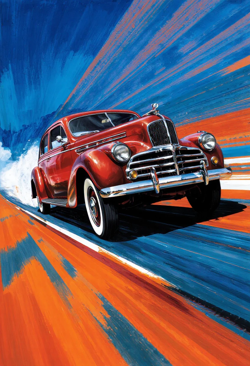 Vintage car speeding on a dynamic blue and orange background, digital art, classic automobile, vibrant colors, motion blur effect, chrome details, blue sky reflection, white wall tires, shiny bodywork, artistic brush strokes, dynamic composition, sense of speed, stylized illustration, bright highlights, contrasting shadows, vintage design, prominent grill, circular headlights, mid-century model, digital painting, color contrast,