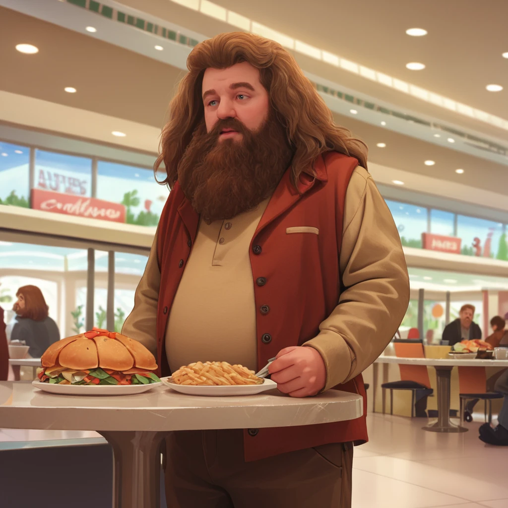 <lora:Hagrid_PonyXL_r1:0.8> hagrid, score_7, beard, facial hair, 1boy in a mall 1980's Food court, restaurants, tables, patrons, 1980s decor, source_cartoon score_9, score_8_up, score_7_up, score_6_