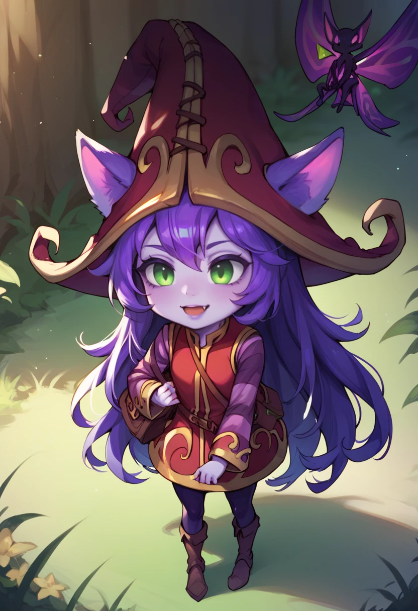 score_9, score_8_up, score_7_up,1u1u, lulu, 1girl, green eyes, yordle, colored skin, purple skin,long hair, purple hair, animal ears,dress, long sleeves,hat, witch hat, ears through headwear, boots, fairy <lora:Lulu_Default_v2:0.8>