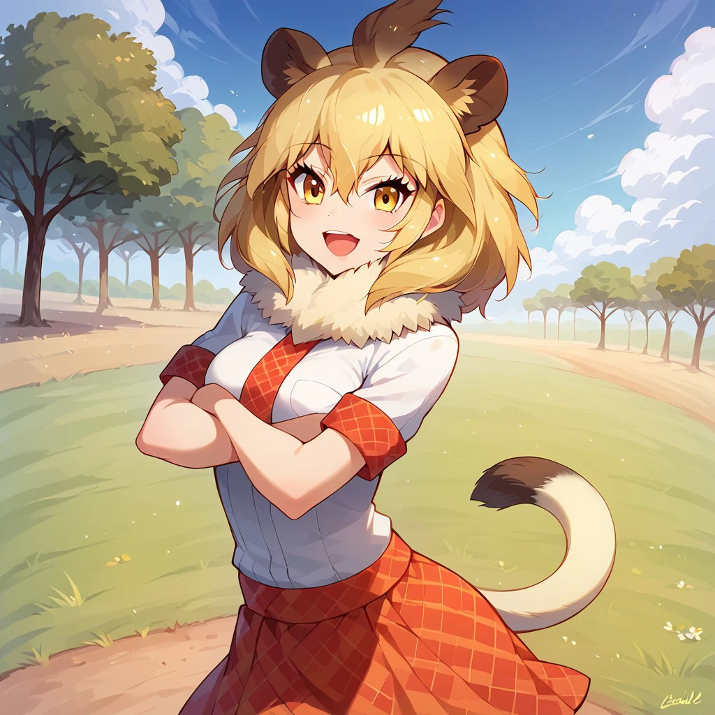 1girl, ((solo)), best quality, ultra-detailed, extremely detailed, perfect anatomy, masterpiece, score_9, score_8_up, score_7_up, Expressiveh, lion (kemono friends), blonde hair, animal ears, tail, yellow eyes, long hair, hair between eyes, white shirt, short sleeves, fur collar, red skirt, plaid skirt, red necktie, plaid necktie, thighhighs, breast pocket, white shoes, standing, open mouth smile, cute look, confident look, looking at viewer, happy, posing, arms folded, arms crossed, outdoors, African savanna background, plains, savanna plains, dutch angle, standing proud, dynamic pose, action pose,