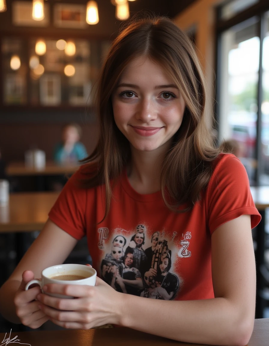 <lora:Myra_Moans:1> realistic photo of  1girl, myramoans, wearing a band t-shirt,  sitting in a cafe having a coffee, smiling, looking at viewer.