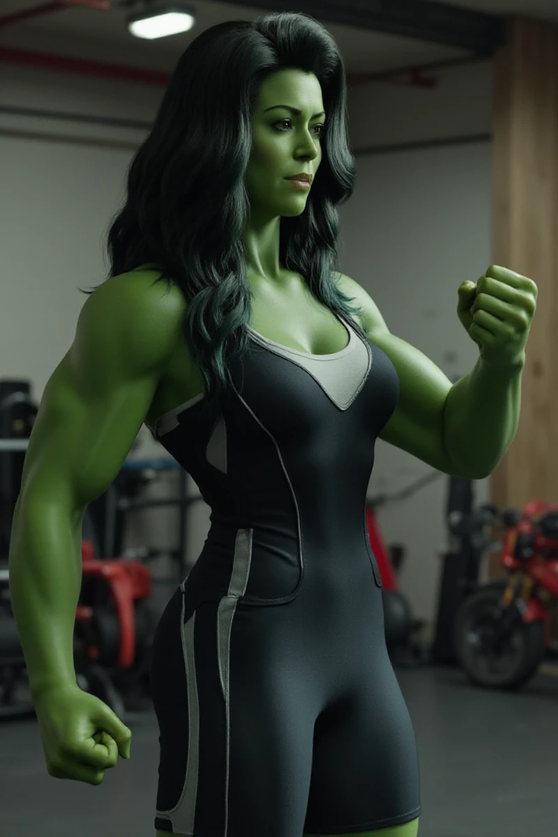 a full body photo of SheHulk,  a woman with green skin and dark hair, She wears a tracksuit and is training in a gym <lora:She-Hulk:0.8>