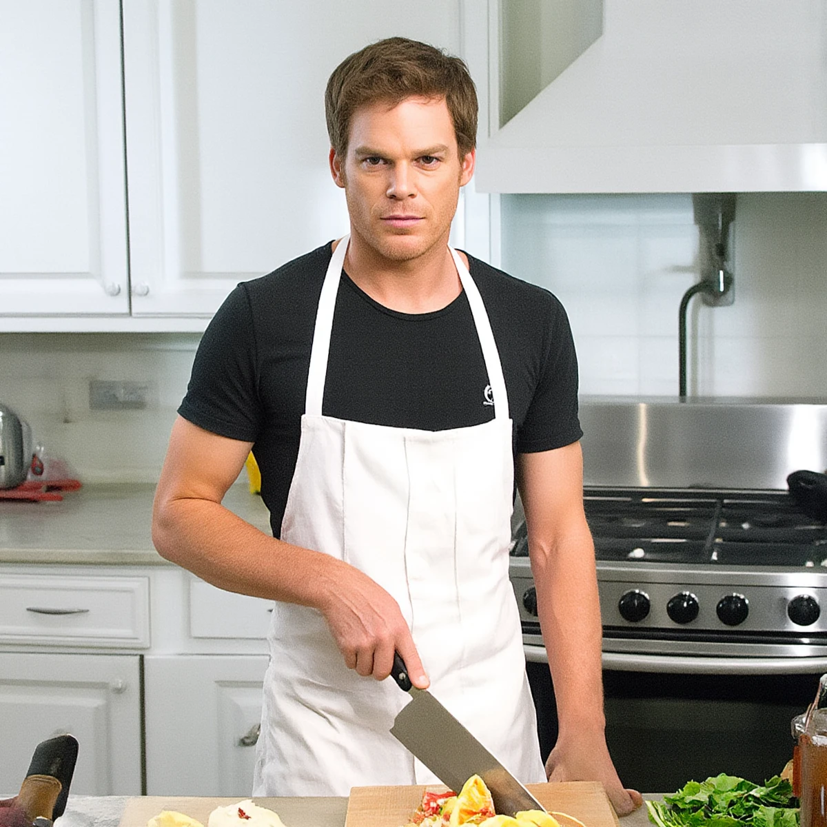 Dexter is cooking in a modern kitchen, using a big knife, looking at the viewer.   <lora:Dexter:0.9>