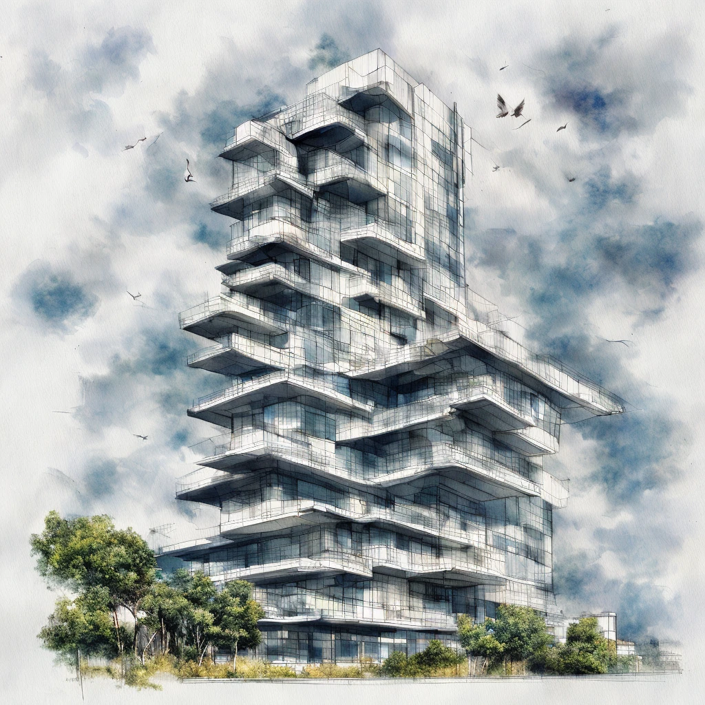 (modern architecture tower), clouds, birds, architecture watercolor sketches style,<lora:watercolor:1>