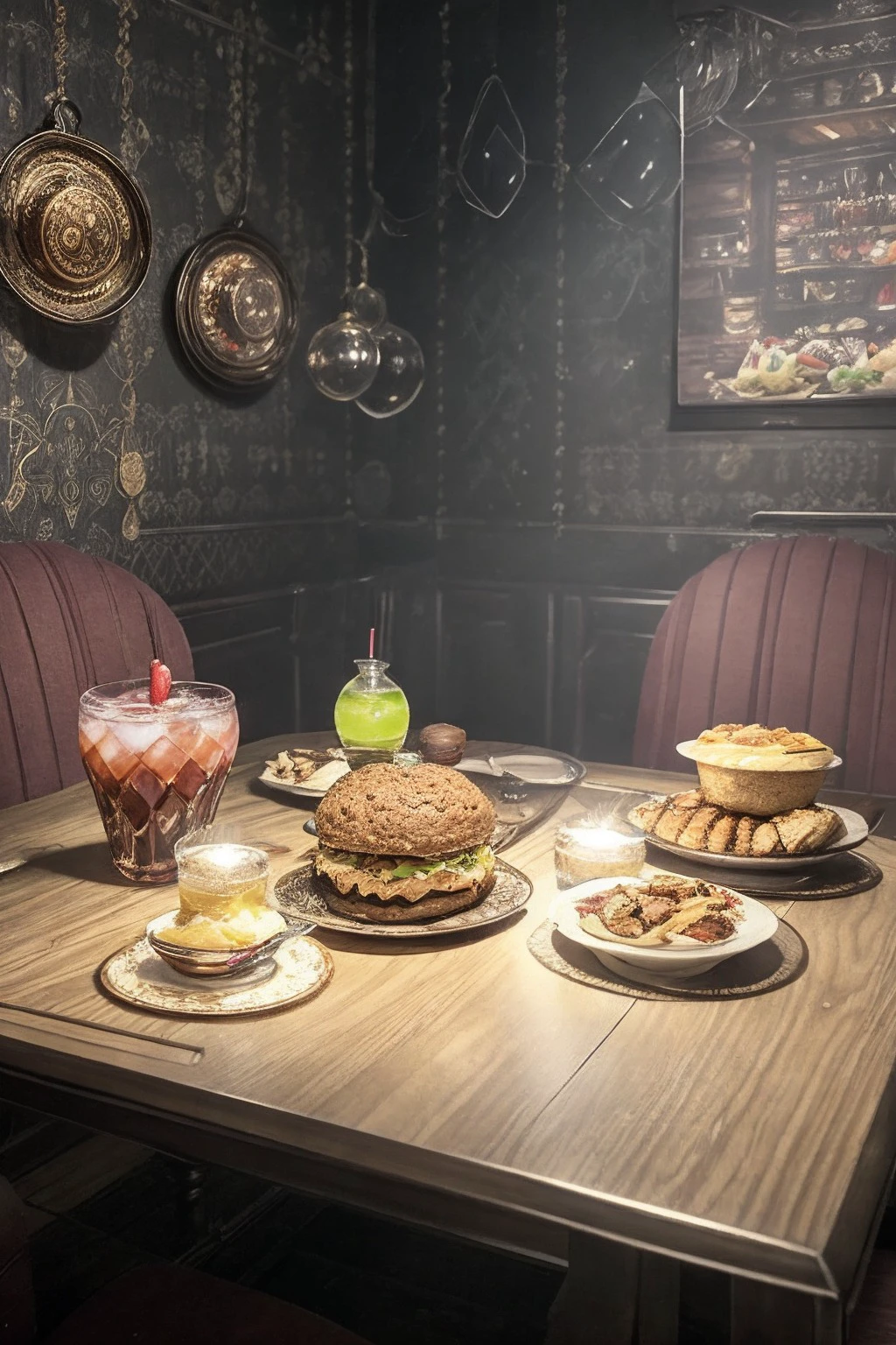 xaendraqee, a plate full of different kinds of delicious food sits on the table, glasses with colored signitine:3 drinks around the plates, cozy room background, angonile:3 ornaments on the wall, Margotia:2 woman dressed as old-time waitress stands by the table <lora:xaendraqee-FX:1> warm lightning with soft shadows, incredibly detailed
