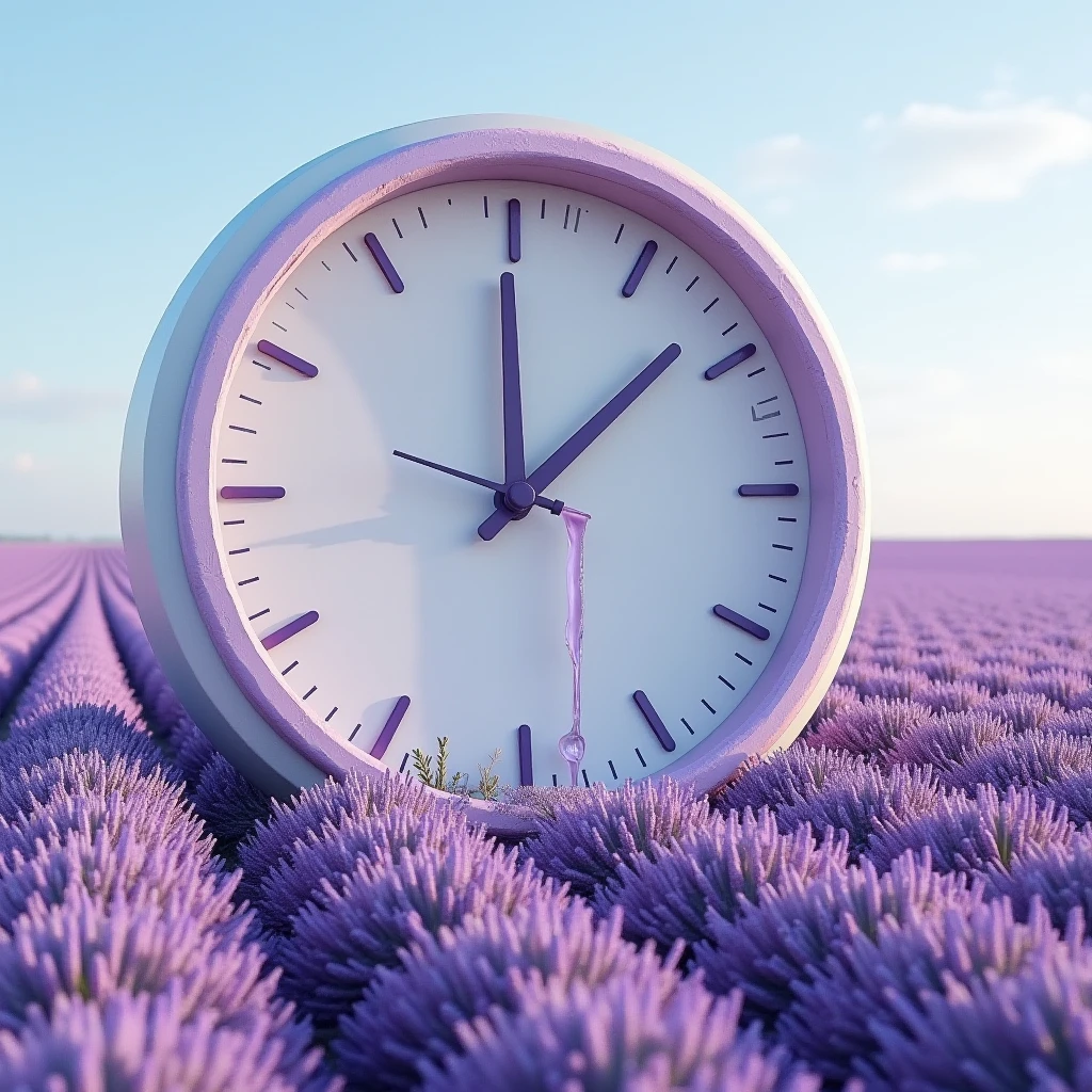 A giant clock in the middle of a field of lavender, melting in Geopression style