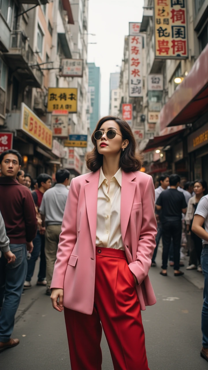 A woman in a pink blazer and red pants stands on a busy street surrounded by people and signs.