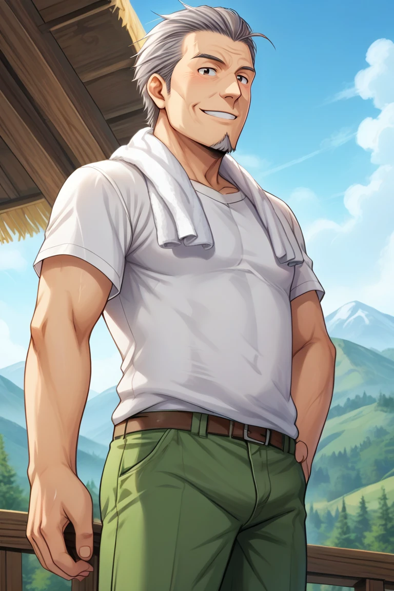 perfect anatomy, perfect proportions, best quality, masterpiece, high_resolution, high quality, aesthetic, absurdres, (male focus), solo male, adult, mature, masculine, manly, handsome, charming, alluring, solo man, old man, source_anime, anime coloring, Daisaku Mikage, SSDaisaku, grey hair, short hair, hair slicked back, black eyes, facial hair, goatee, white t-shirt, short sleeves, green pants, white towel around neck, cowboy shot, dutch angle, from below, low angle, blue sky, outdoor, mountain, smile