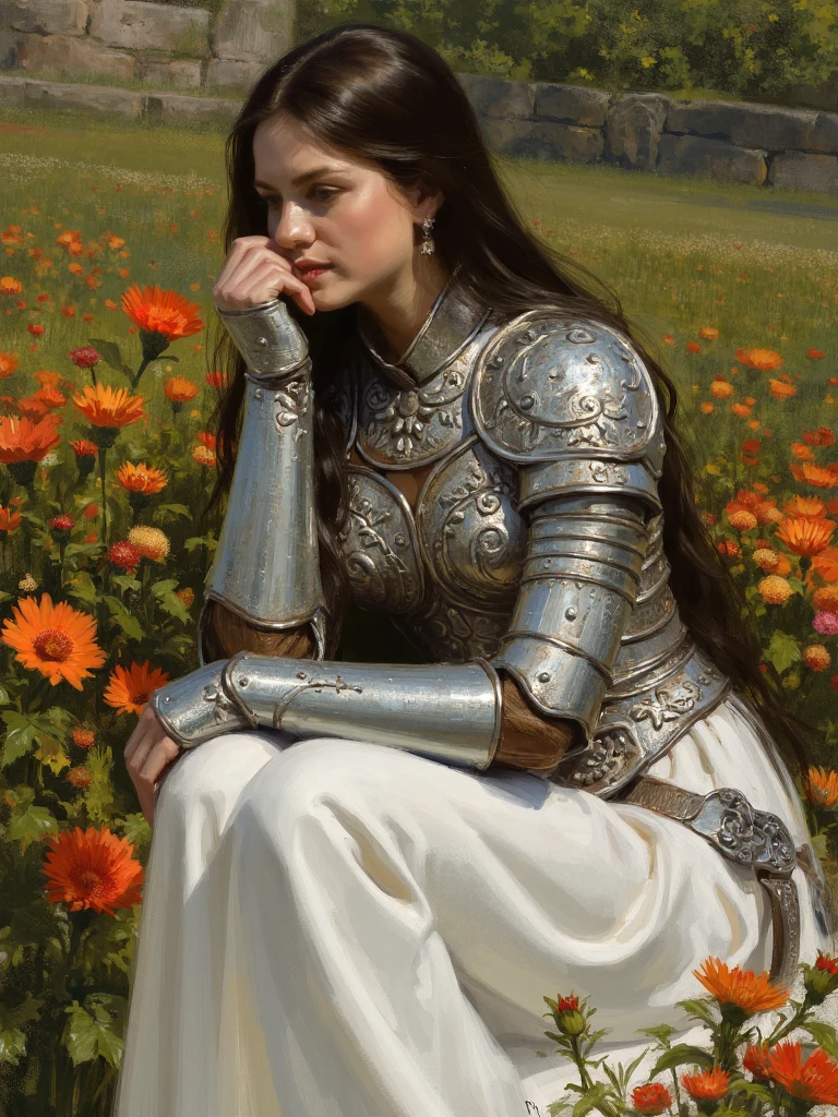 snmngsnr style painting, portrayal of a female figure in a garden setting. She is adorned in ornate silver armor with intricate designs complemented by a flowing white dress. Her long dark hair cascades down her back and she is depicted in a contemplative pose resting her head on her hand. The garden is lush with vibrant orange and red flowers and the background is a blend of green foliage and a hint of a stone wall. The color palette is rich and warm with the metallic sheen of her armor contrasting against the bright hues of the flowers and the earthy tones of the garden,  <lora:SXZ_Sanmingsnari_Flux:1>