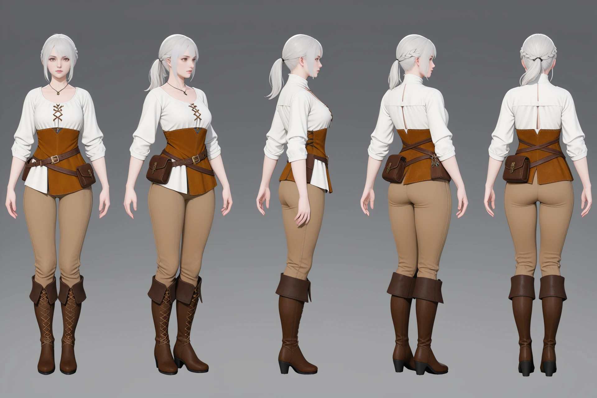 (VIEWS:0),  full body character turnaround of 1girl, Multiple views of the same character in the same outfit,  simple background, white background,
(theme:0),  medieval, fantasy, Dungeon And Dragon,
(rank:0), female character, white blouse, brown trousers, leather boots, belt with pouches, fantasy style, adventuring gear, medieval influence, white hair, ponytail hairstyle, realistic texture, costume detail, high boots, suede material, stitching details, brass buckles,
<lora:bg3TurnXL_v1_pony:0.1>
<lora:Witcher3turn_v1_Pony:0.1>
<lora:medieval2turn_v1_Pony:0.1>
<lora:CharTurnXL_v4_Pony:0.1>
<lora:bg3TurnXL_v1:0.1>
<lora:Witcher3TurnXL_v1:0.6>
<lora:Medieval2TurnXL_v1:0.1>
<lora:CharTurnXLRetag_v4:0.1>