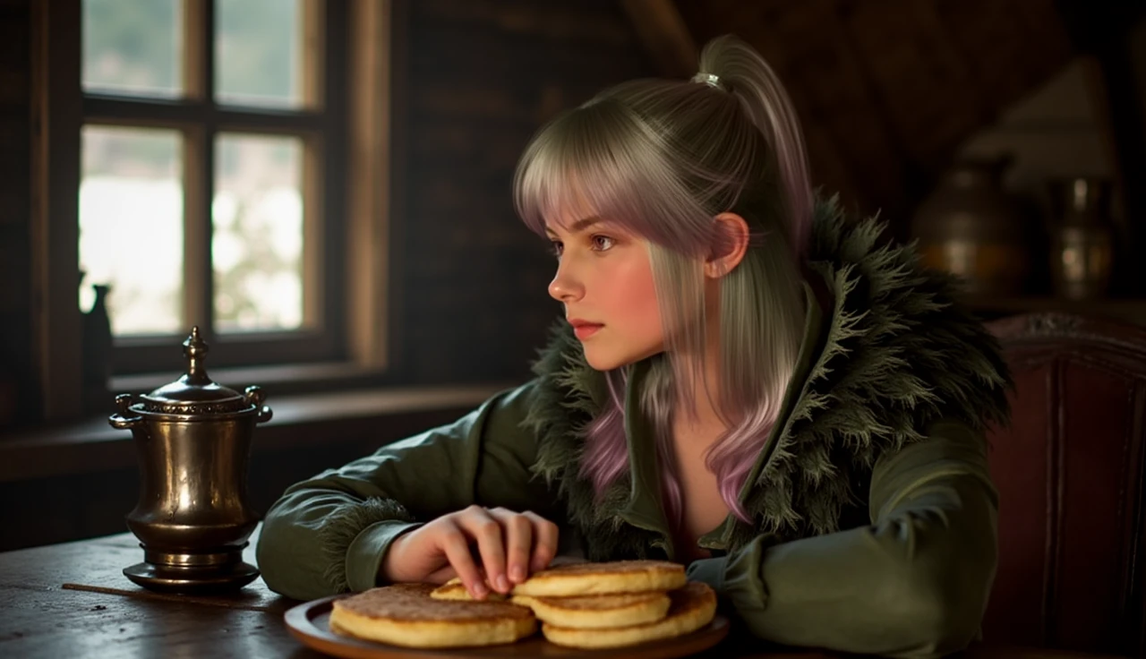 a photography of a young woman, Drakania, BDO, sits in a Russian hut, there are pancakes on the table, a samovar,