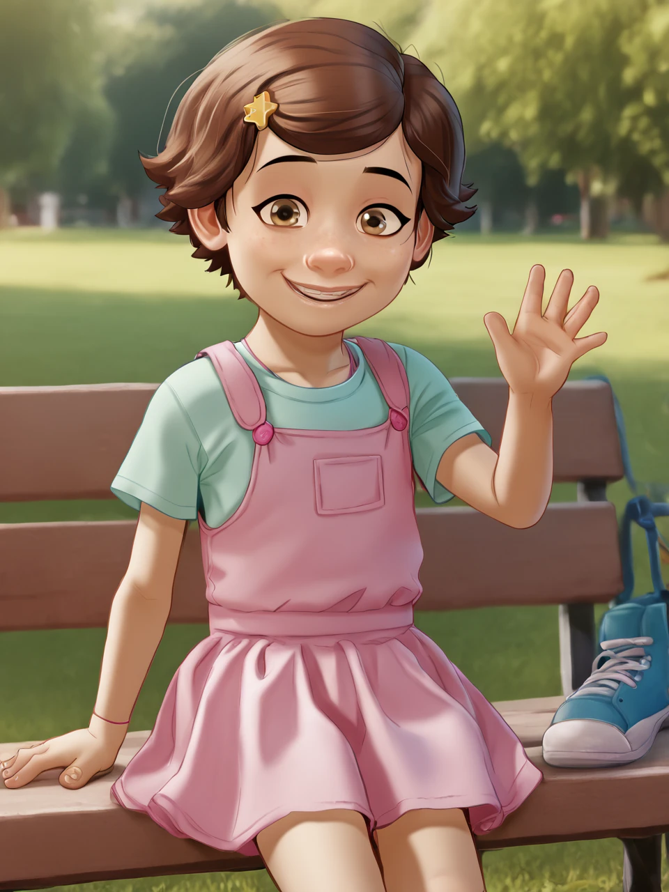 score_9, score_8_up, score_7_up,  score_6_up, BREAK, ToyBonnie, 1girl, solo, smile, short hair, brown hair, hair ornament, brown eyes, child, pink dress, pink skirt, smile, looking at viewer, in the park, sitting on a bench, raise right hand, waving,   <lora:Bonnie2:0.8>  <lora:LilAndystyle:1> Andystyle,