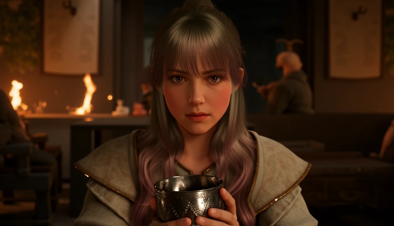 a young woman sits in a tavern and drinks wine from a metal cup, looking at viewer, dynamic light,