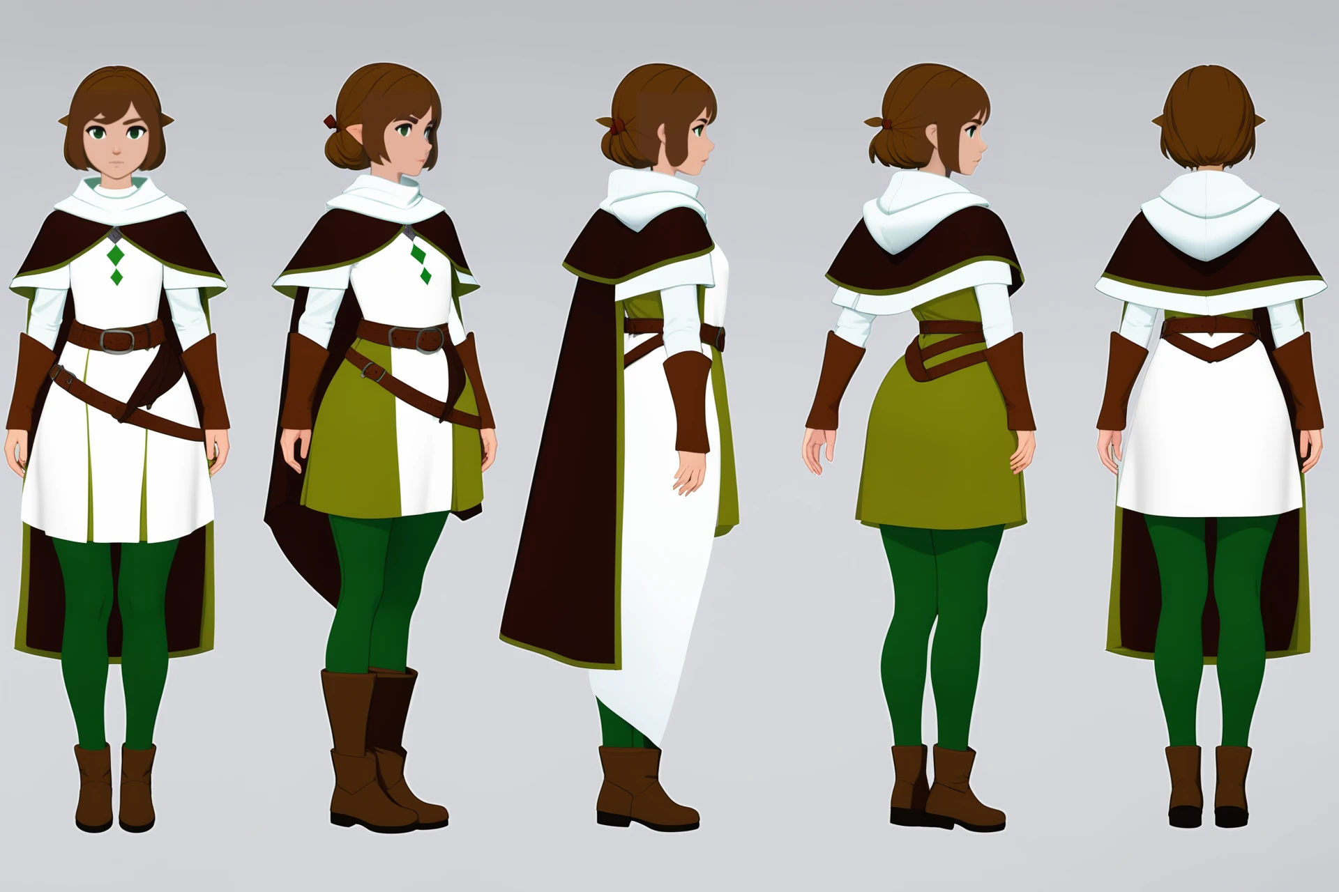 (VIEWS:0),  full body character turnaround of 1girl, Multiple views of the same character in the same outfit,  simple background, white background,
(theme:0),  medieval, fantasy, Dungeon And Dragon,
female character, white and green outfit, brown belt, black leggings, brown boots, cape, fantasy attire,
<lora:bg3TurnXL_v1_pony:0.1>
<lora:Witcher3turn_v1_Pony:0.1>
<lora:medieval2turn_v1_Pony:0.1>
<lora:CharTurnXL_v4_Pony:0.1>
<lora:bg3TurnXL_v1:0.1>
<lora:Witcher3TurnXL_v1:0.1>
<lora:Medieval2TurnXL_v1:0.6>
<lora:CharTurnXLRetag_v4:0.1>