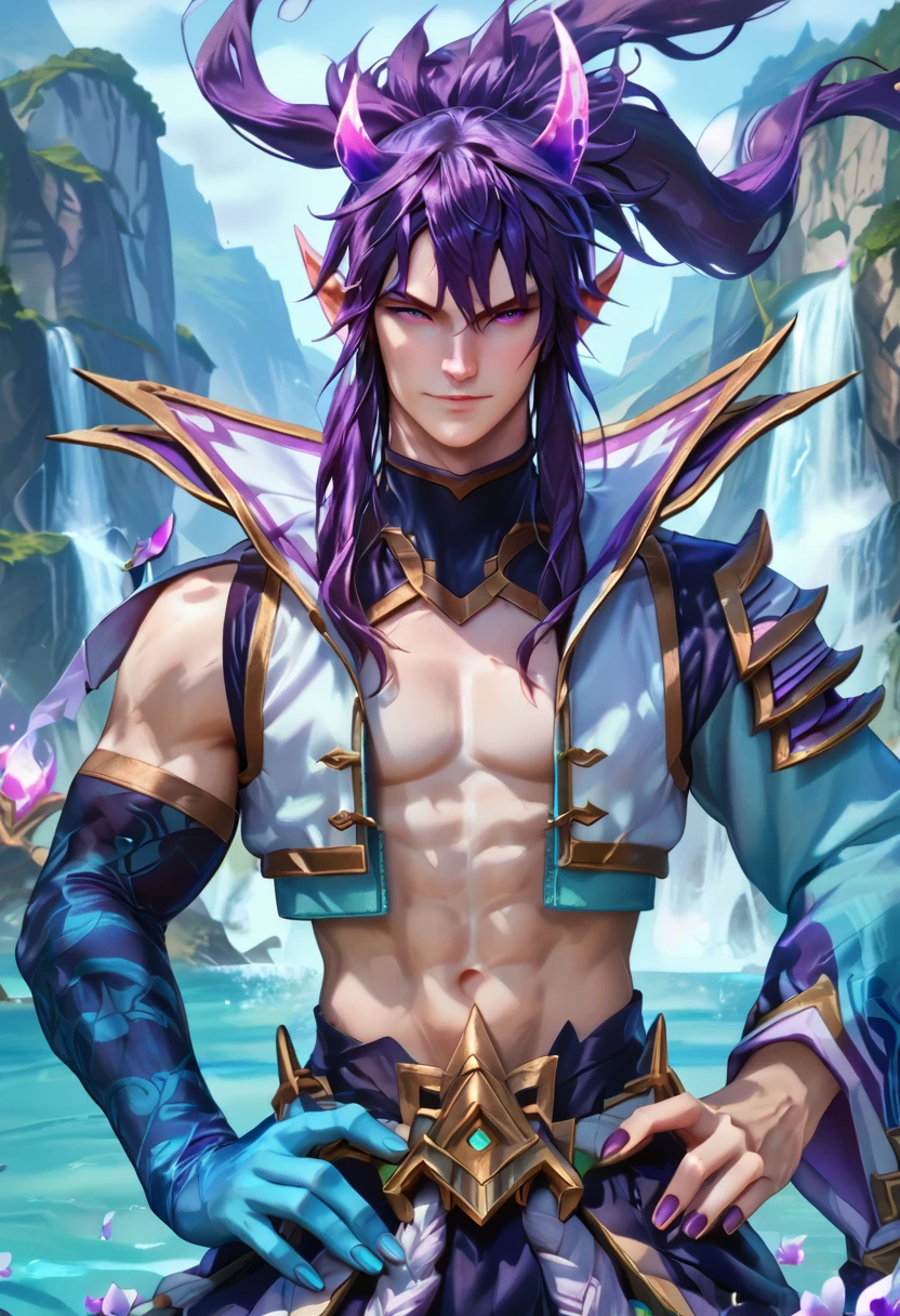 (max resolution: 1.2), (Ultra HDTV: 1.2), 8K resolution, Eye and skin details, detailed facial features, , (Sharp focus: 1.2), (Focus focus) facial expressions: 1.2), 1 Guy, Sitting, White hair, Long hair, exposed chest muscles, 8 pack, (shirtless) shirtless, exposed thighs, The penis is large.((black briefs)), ((( Water, Seawater)))
