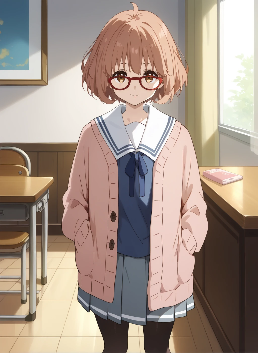 score_9,score_8_up,score_7_up,source_anime,anime,nsfw,rating_explicit,uncensored,High quality,Ultra detailed,best quality,insanely detailed,beautiful,masterpiece,perfect lighting BREAK
<lora:kuriyama_mirai_V1:1>,(kuriyama_mirai, brown hair, brown eyes, short hair, glasses, bob cut, ahoge,school uniform,long sleeves,black pantyhose,cardigan,grey skirt,neck ribbon,pleated skirt,red-framed eyewear,ribbon,sailor collar,ring,serafuku,shoes,bandages),1girl,solo,smile,standing,indoors,looking_at_viewer,solo_focus,front view,