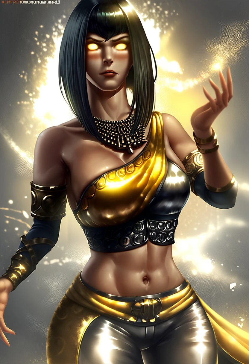 score_9, score_8_up, score_7_up, score_6_up, score_5_up, Tanya MKX, 1girl, solo, breasts, black hair, navel, jewelry, yellow eyes, midriff, dark skin, necklace, glowing eyes, no pupils, top, pants, armband, fcNeg