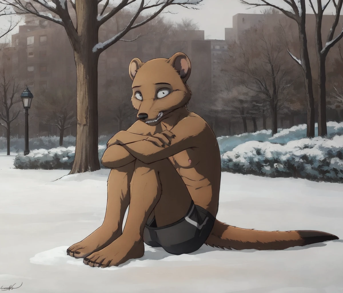 <lora:KaiBS:0.7>, KaiBS, mongoose, anthro, outside, focused, full body, sitting, stone path in background, park, grass, tree, city, tail, no clothes, no shirt,  swim shorts, curled up, shivering, clenched teeth, wide eyes, winter, snow, hugging knees, black pupils