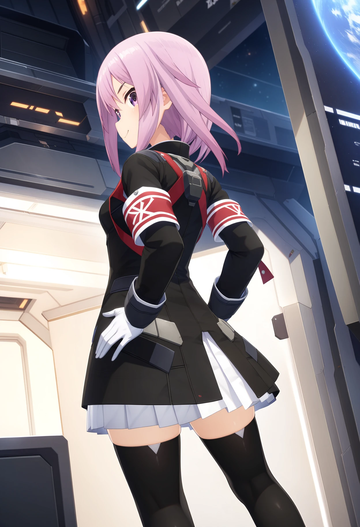 masterpiece,best quality,very aesthetic,absurdres,intricate details,game cg,rim light,1girl,
<lora:yotsuyu_v1.1:1>,yotsuyu,animacion_y,armband,black jacket,white miniskirt,white gloves,black thighhighs,black footwear,<lora:Fixhands_anime_bdsqlsz_V1:1>,
light_blush,smile,Space Station,starry_sky,looking_at_viewer,standing,front view,mid_shot,from_back,profile,hands_on_hips,, masterpiece,best quality, very aesthetic, absurdres, ultra detailed, high resolution, 4k, extremely detailed CG,