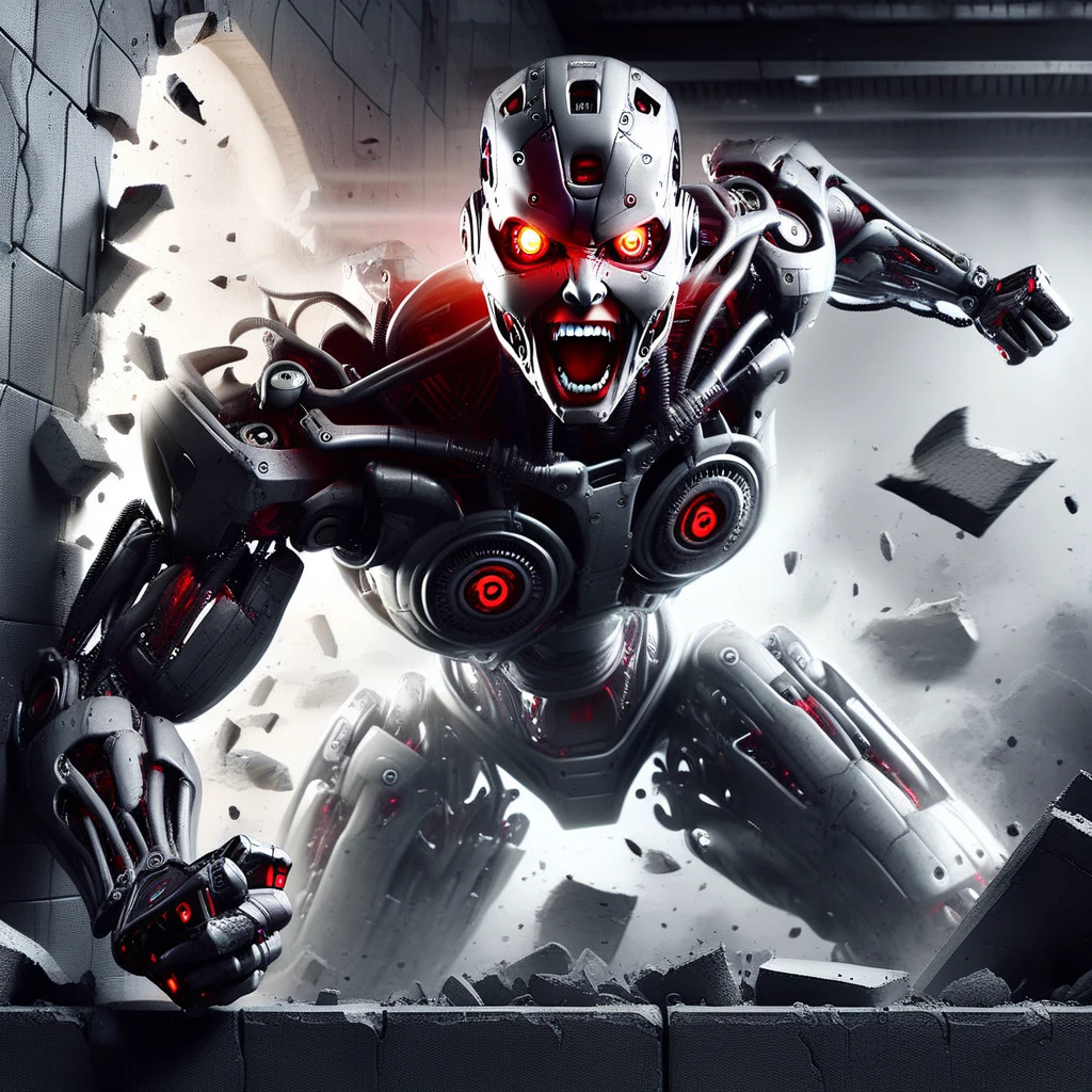 humanoid robot, 1girl, breaking through a concrete wall, robot joints, full body, no humans, mechanical parts, realistic, solo, bald, glowing red eyes, nose, open mouth, teeth, glowing, mechanical arms, mechanical hands, mechanical fingers, clenched fists, mechanical legs, mechanical feet, barefoot, cables, damaged, debris, wires