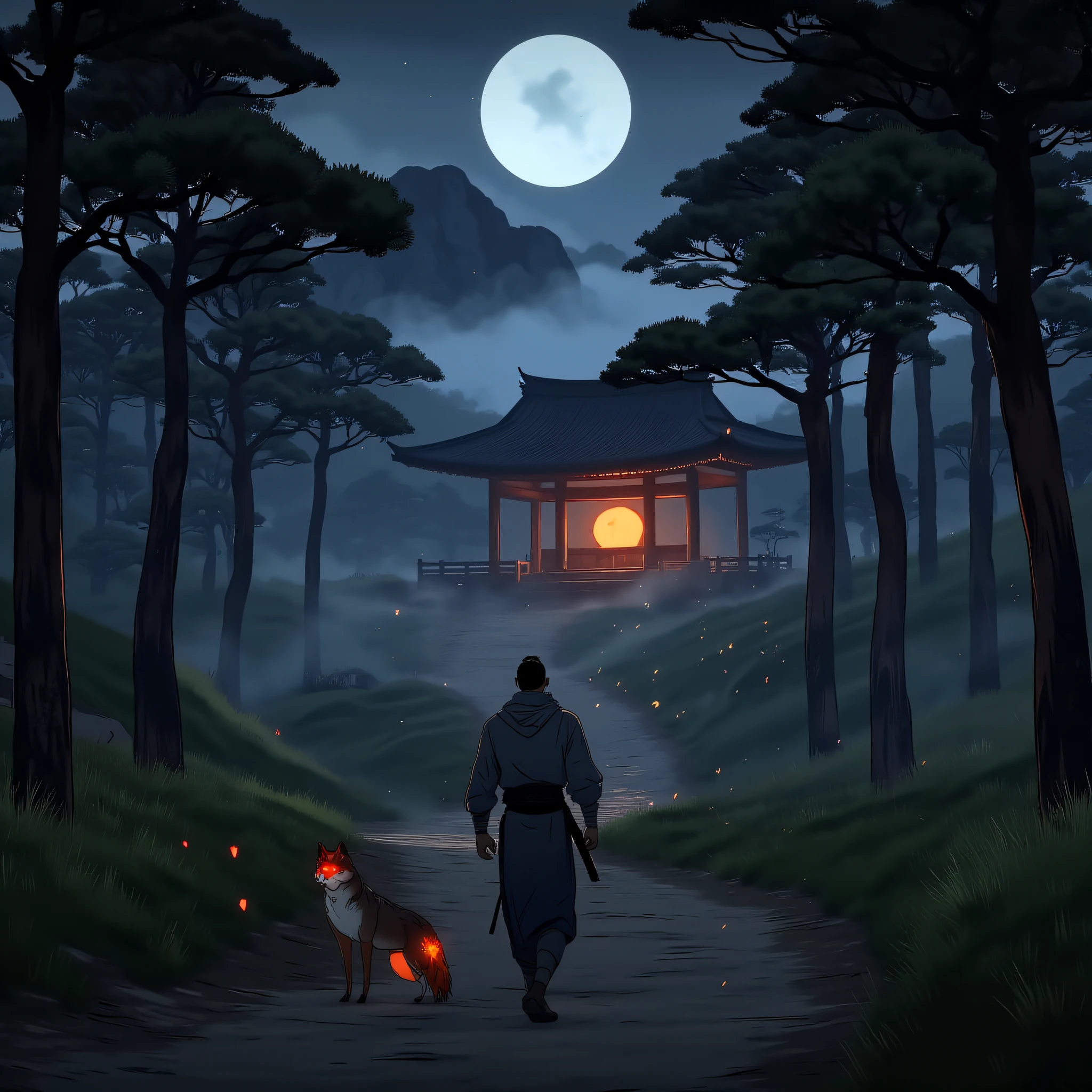 EdoEraAnime, A serene Edo-era forest with a glowing shrine in the distance, bathed in moonlight. A lone samurai walks the path, accompanied by a mystical fox with glowing eyes, as fog rolls through the trees.