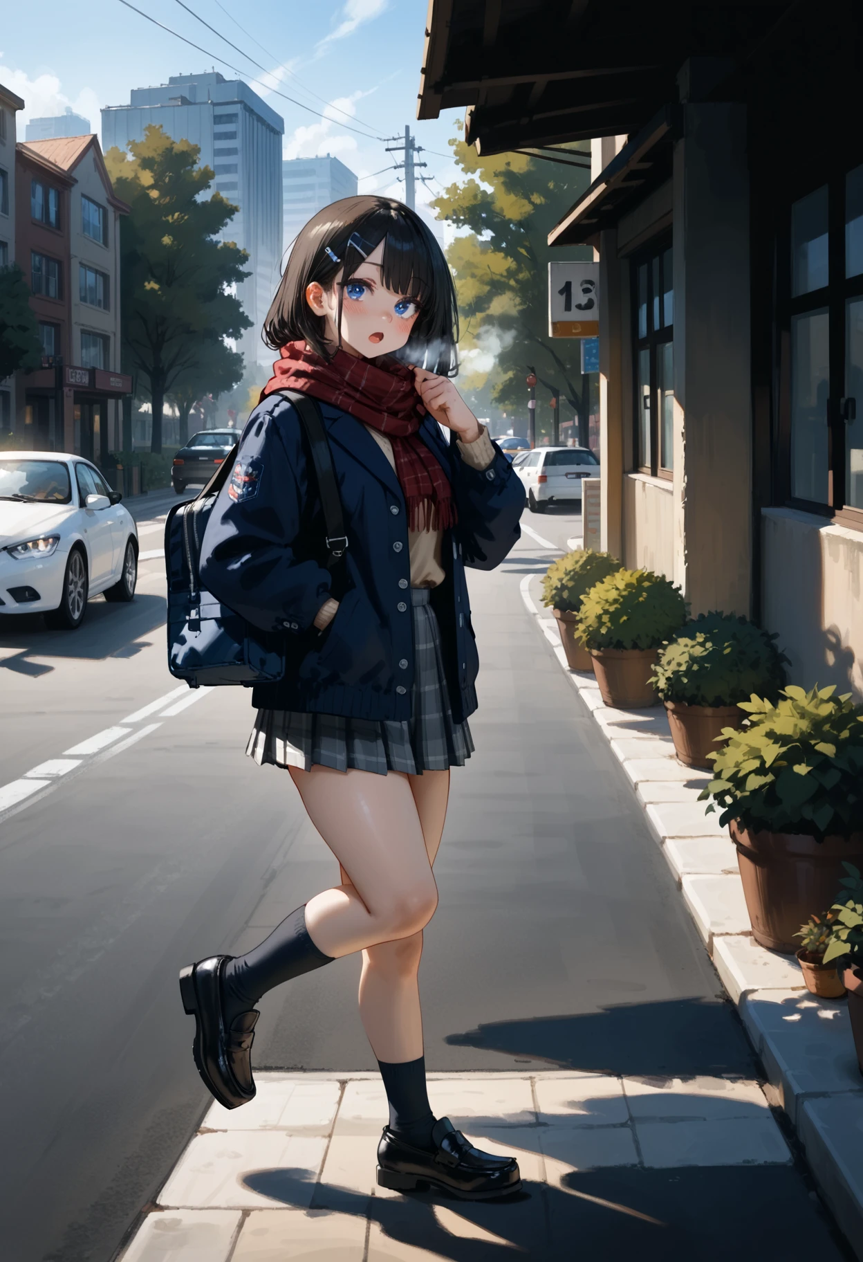 score_9, score_8_up, score_7_up,score_6_up, score_5_up, score_4_up, colored eyelashes, 1girl, :o, against railing, bag, bare tree, black footwear, black hair, black socks, blue bag, blue eyes, blue jacket, blush, breath, brown sweater, building, bush, car, dappled sunlight, day, foot out of frame, fringe trim, from side, grey skirt, hair ornament, hairclip, hand up, holding, holding bag, jacket, leaning, leg up, loafers, long hair, long sleeves, looking at viewer, miniskirt, motor vehicle, open mouth, outdoors, plaid clothes, plaid scarf, pleated skirt, pocket, railing, red scarf, road, scarf, school bag, school uniform, shadow, shoes, sidelocks, skirt, snow, socks, solo, standing, standing on one leg, street, sunlight, sweater, thighs, tree, winter