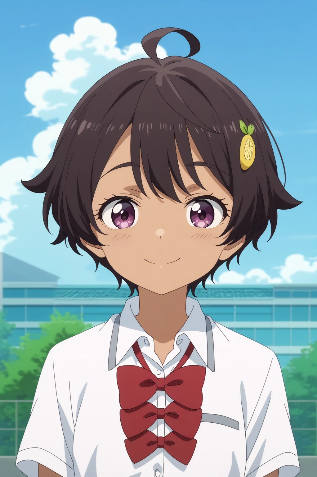 lemon yakishio,anime screencap,1girl,solo,shirt,short hair,ahoge,red bow,bow,white shirt,short hair,hair ornament,school roof,outdoors,sky, looking at viewer,smile,tan skin <lora:Lemon_Yakishio -PDXL2:0.8>