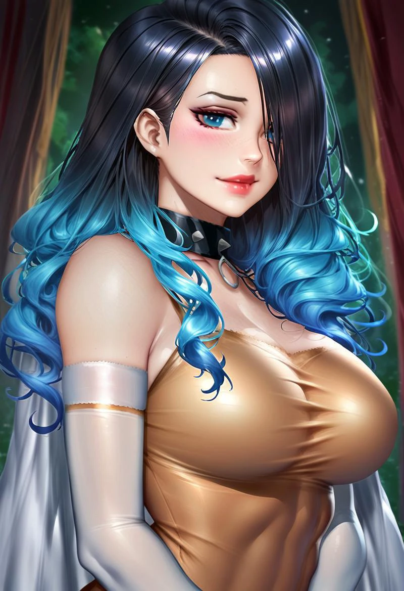 score_9, score_8_up, score_7_up, rating_safe,
neoartcore, n30artc0r3,
1girl, solo, long hair, breasts, looking at viewer, blush, smile, bangs, blue eyes, large breasts, black hair, closed dress, gloves, dress, bare shoulders, closed mouth, blue hair, upper body, multicolored hair, elbow gloves, hair over one eye, collar, lips, gradient hair, red lips,