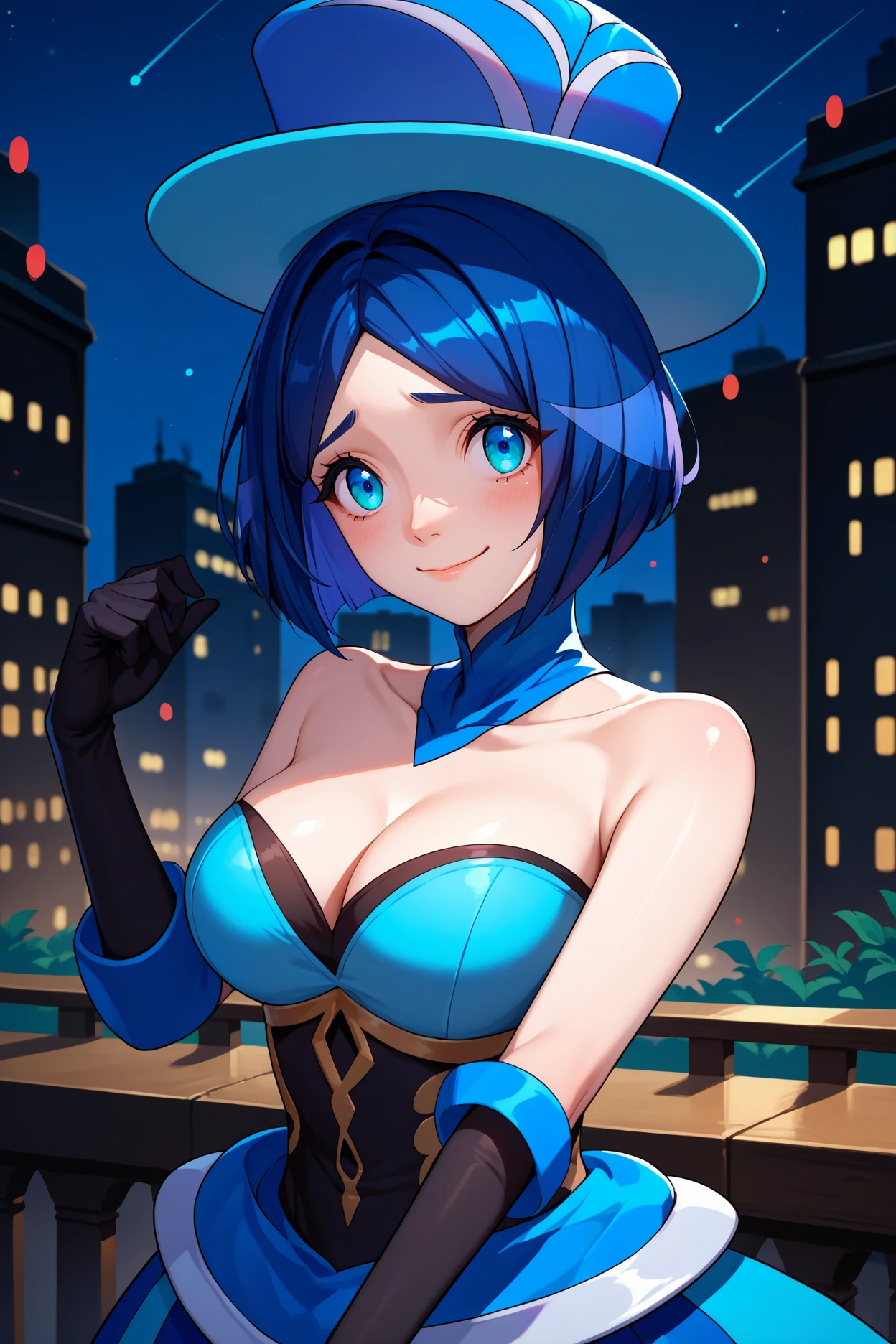 score_9, score_8_up, score_7_up, score_6_up, source_anime, 1girl, solo <lora:pkmnevelyn-pdxl-nvwls-v1-000006:1> pmEvelyn, dark blue hair, bob cut, parted bangs, short hair, blue eyes, top hat, blue hat, detached collar, blue dress, bare shoulders, cleavage, elbow gloves, black gloves, black pantyhose, large breasts, shy, looking at you, night sky, city, upper body, nervous smile