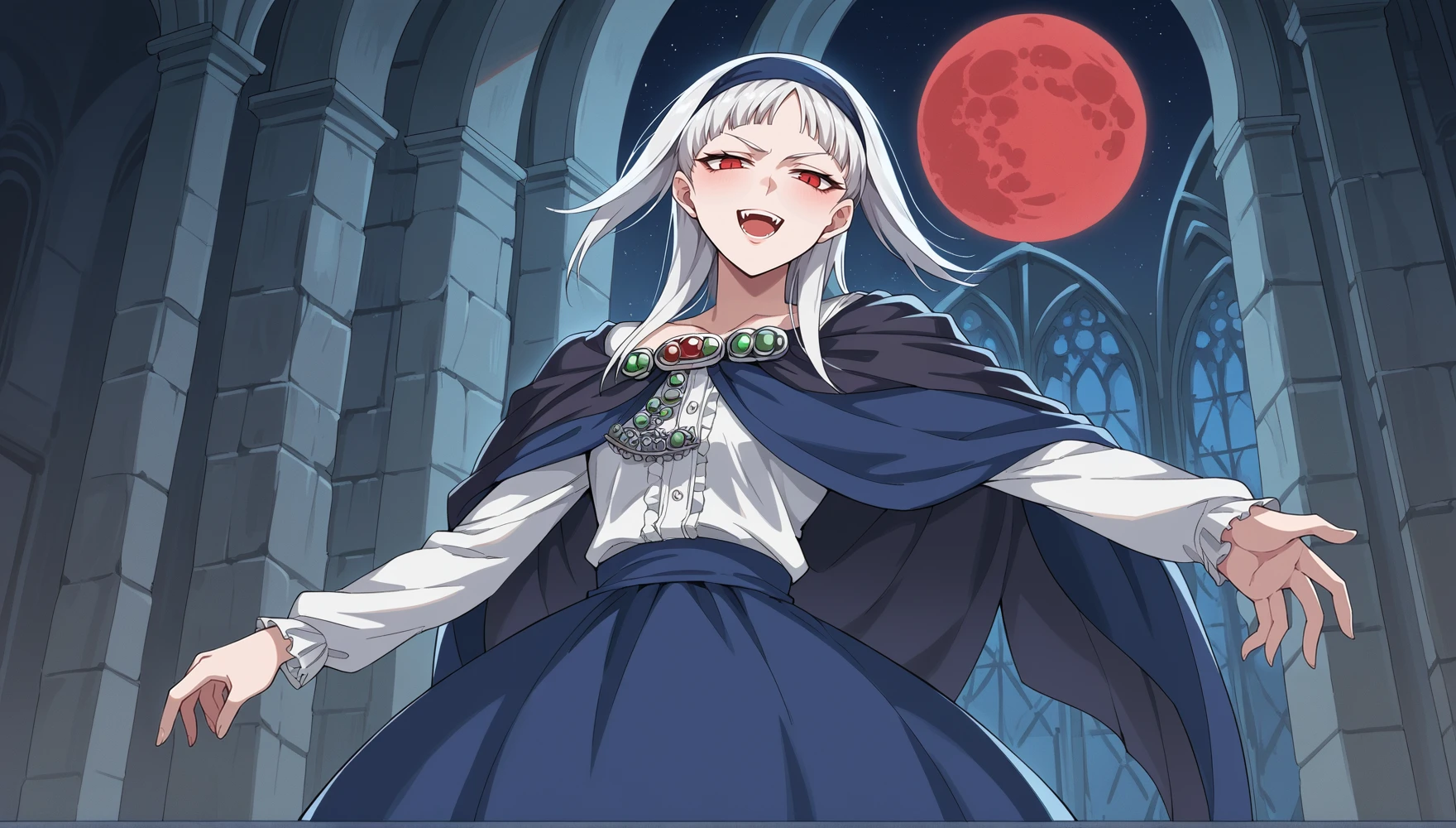 1girl, solo, medium hair, white hair, red eyes, hairband, jewelry, white shirt, cape, skirt, blue skirt, thight boots, indoors, gothic castle, window, red moon, moonlight, evil smile, half-closed eyes, open mouth, vampire, bats, gothic, standing, dynamic pose,  <lora:Sierra_Mikain_V3:1>, score_9, score_8_up, score_7_up, score_6_up, score_5_up, score_4_up, BREAK source_anime, masterpiece