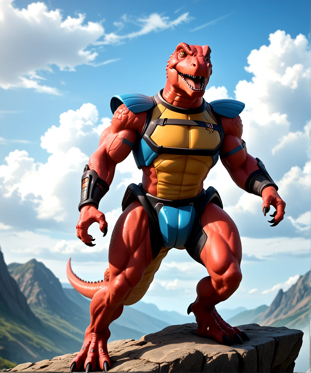 score_9, score_8_up, score_7_up,
<lora:Genghis_Rex_(Dinosaucers)_(Pony)_(AD):1> Genghis Rex, Dinosaucers, red skin, brown eyes, muscular, tyrannosaurus rex, trex, dinosaur, 
8K, In'ei, chiaroscuro, depth of field, clear_eyes,
perfect hands, perfect proportions, peak physical perfection, perfect male physique, powerful muscular body, 
dynamic pose, detailed anime background, detailed photographic fluffy anime clouds, perfect hands, masterclass anime, 8K 3D CGI Unreal Engine, photographic realism, 
BREAK zPDXL, zPDXLxxx,