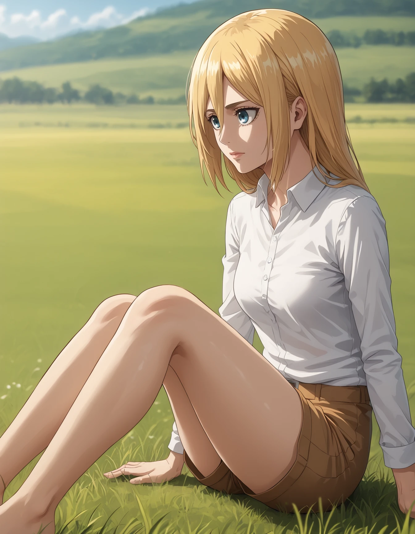 <lora:krista lenz:1>, krista lenz, solo, 1girl, field, depth of field, blurry background, sitting, legs out, white shirt, shorts