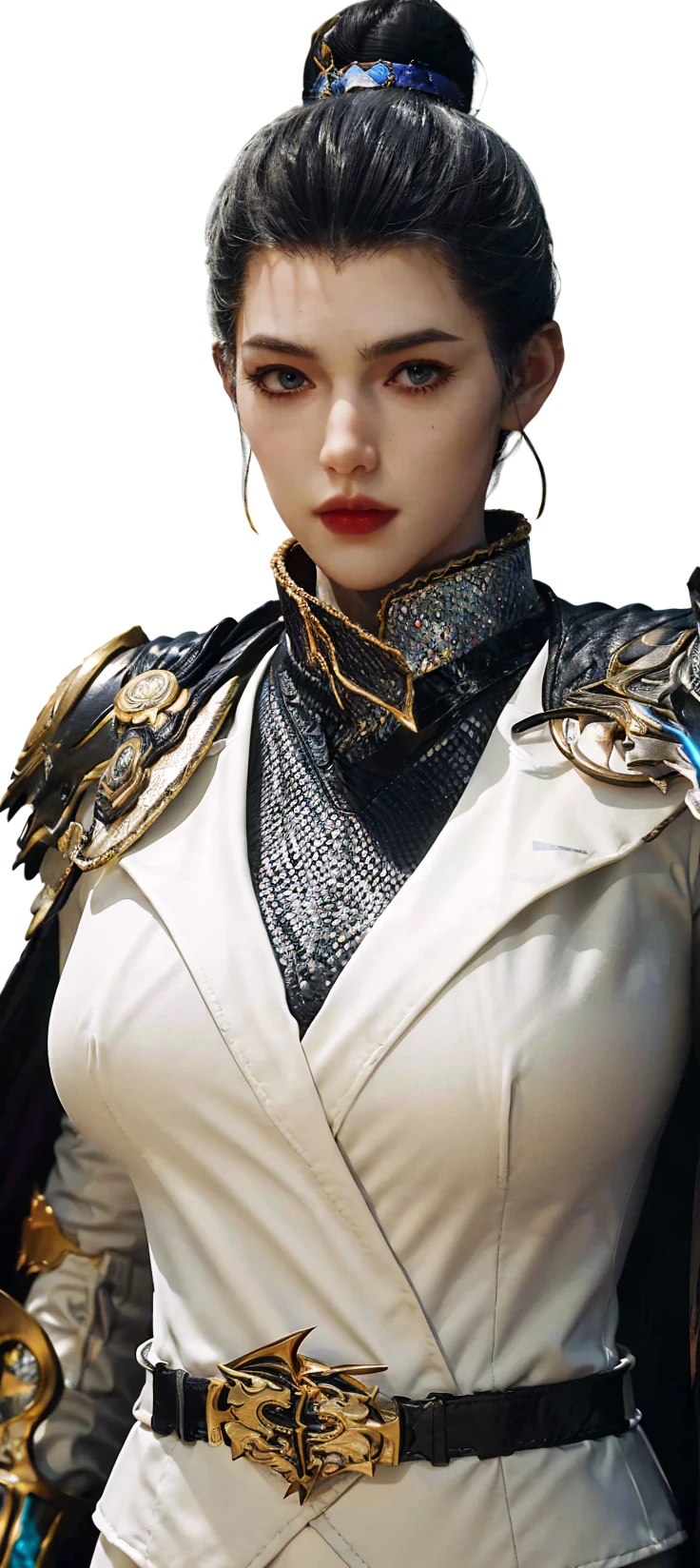 1girl,solo,big eyes,forehead,red lips,black hair,(single hair bun),hair ornament,jewelry,suit,long sleeves,(cape),chainmail,(armor:1.2),(arm armor:1.2),shoulder armor,plume,belt,pants,(looking at viewer),staring,(portrait:1.1),(white background),3d,game cg,(Cinematic Lighting),(skin gloss),(perfect skin),Highly detailed,(ultra-detailed),hatching \(texture\),(8k,best quality,huge filesize,masterpiece:1.5),<lora:斗罗大陆2-仙琳儿:0.65>