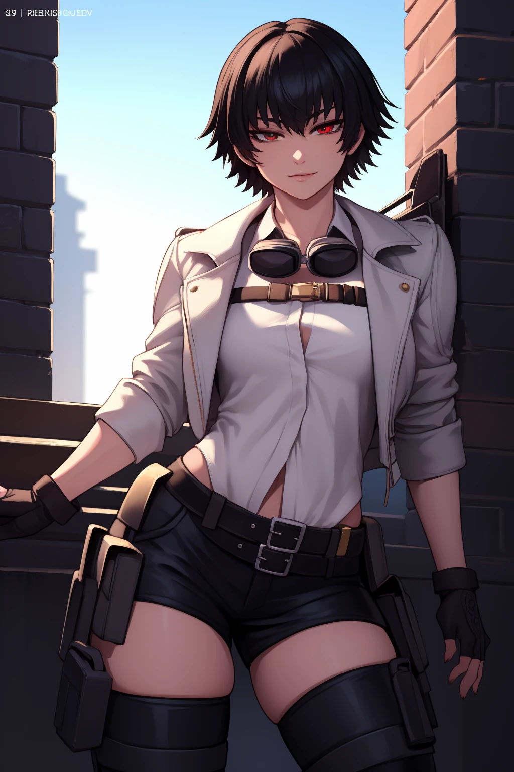 Best_QualityPos, RAW photo, intricate details, best quality, 8k uhd, soft lighting, 1girl, solo, dmc_lady, short hair, black hair, bangs, heterochromia, red eyes, green eyes, goggles, goggles around neck, white shirt, white jacket, long sleeves, sleeves rolled up, gloves, fingerless gloves, black shorts, belt, holster, thighhighs, thigh holster <lora:DMC_Lady:0.6>