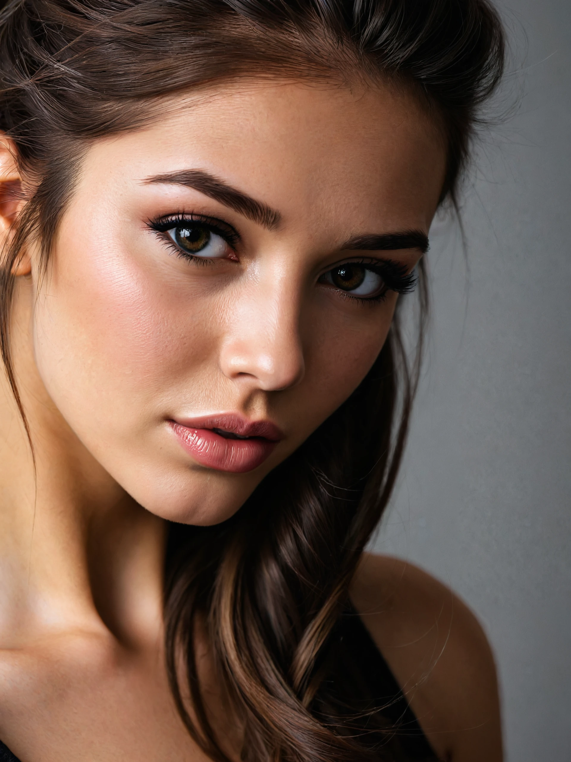 close up of a beautiful brunette with a ponytail