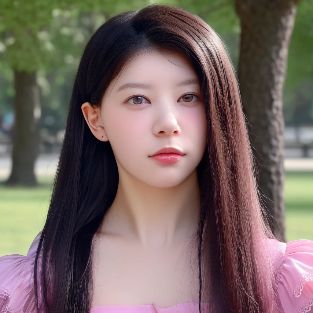 moka, (best quality, masterpiece:1.3), realistic, 1girl, solo, cute, beautiful, (looking at viewer:1.2), beautiful expression, (upper body:1.2), portrait, (straight on), outdoors, in the park, (closed mouth:1.3), pink dress, long hair, medium breast, detailed face, detailed eyes, detailed iris, lips, highres
