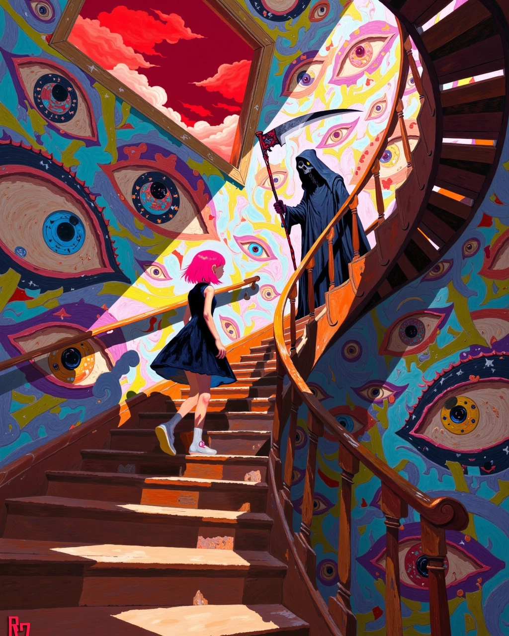 DB4RZ style painting, girl with pink hair wearing a black dress is walking up Staircase with wooden railing, a cloaked figure representing death waits at the top of stairs, death is holding a scythe, colorful abstract wall designs with eye-like shapes, cloudy red sky visible through top opening