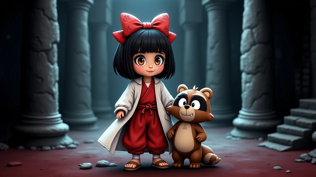 HDR photo of  <lora:Pocky_and_Rocky_-_SNES_-_Characters:0.5>PockySNES_and_RockySNES, 1girl, 1raccoon_dog, black hair, brown fur, white robe, baggy red pants, brown eyes, white eyes, black pupils, sandals, feet, socks, bow, red hair bow, PockySNES_and_RockySNES standing in an evil castle,  . High dynamic range, vivid, rich details, clear shadows and highlights, realistic, intense, enhanced contrast, highly detailed