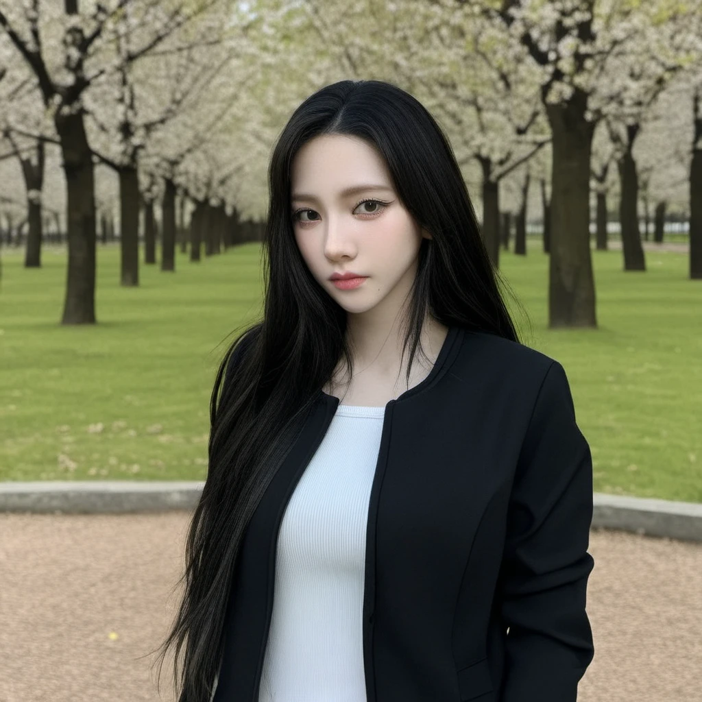 karina, (best quality, masterpiece:1.3), realistic, 1girl, solo, beautiful, (looking at viewer:1.2), beautiful expression, (upper body:1.2), portrait, (straight on), outdoors, in the park, (closed mouth:1.3), white shirt with black jacket, long hair, black hair, big breast, detailed face, detailed eyes, detailed iris, lips, highres
