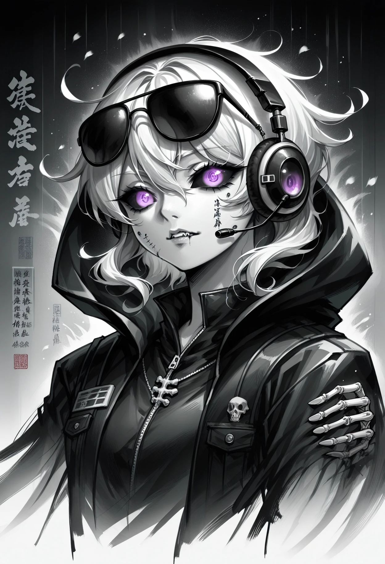 score_9, score_8_up, score_7_up, score_9, <lora:cllgrphy_pdxl_EliPot:1>,
monochrome, chinese text, 
1girl, solo, solo focus, 
monster girl, necromancer girl, gradient skin , colored skin, purple hues,  eldritch aura,  dark aura, black sclera, extra eyes, black theme, black hair,  black cloak,  hood up,  obscured face, glowing eyes,  faceless female, purple eyes, black and whit skin ,pale skin, corruption,  body tattoo, skeleton print, blood on face, bone, white hair, jewelry, madoka runes,  heterochromia, stitches, miasma mist, multicolored skin,
aviator sunglasses, flight jacket, cockpit, headset, airplane,
iceberg, snowing,