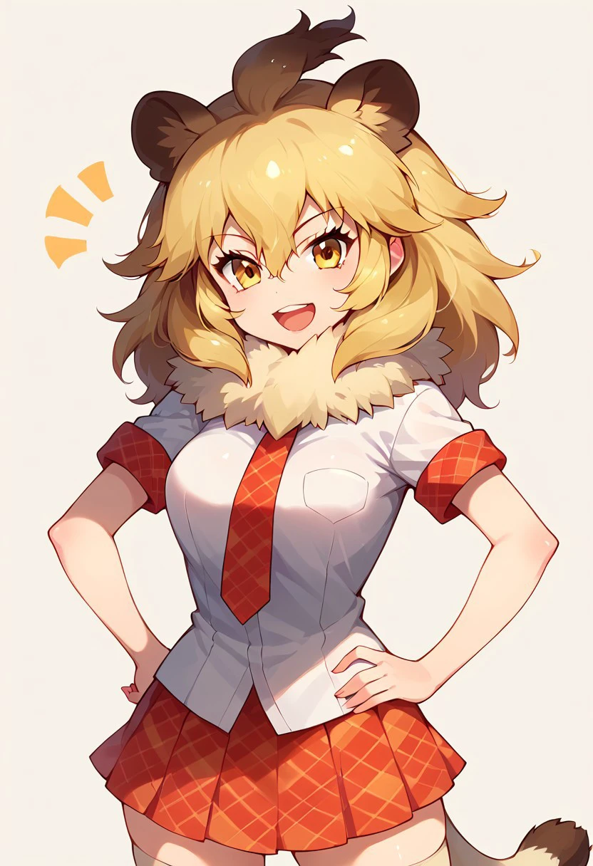 1girl, ((solo)), best quality, ultra-detailed, extremely detailed, perfect anatomy, masterpiece, score_9, score_8_up, score_7_up, lion (kemono friends), blonde hair, animal ears, tail, yellow eyes, long hair, hair between eyes, white shirt, short sleeves, fur collar, red skirt, plaid skirt, red necktie, plaid necktie, thighhighs, breast pocket, white shoes,  standing, hands on hips, open mouth smile, cute look, confident look, looking at viewer, happy, posing, simple background,