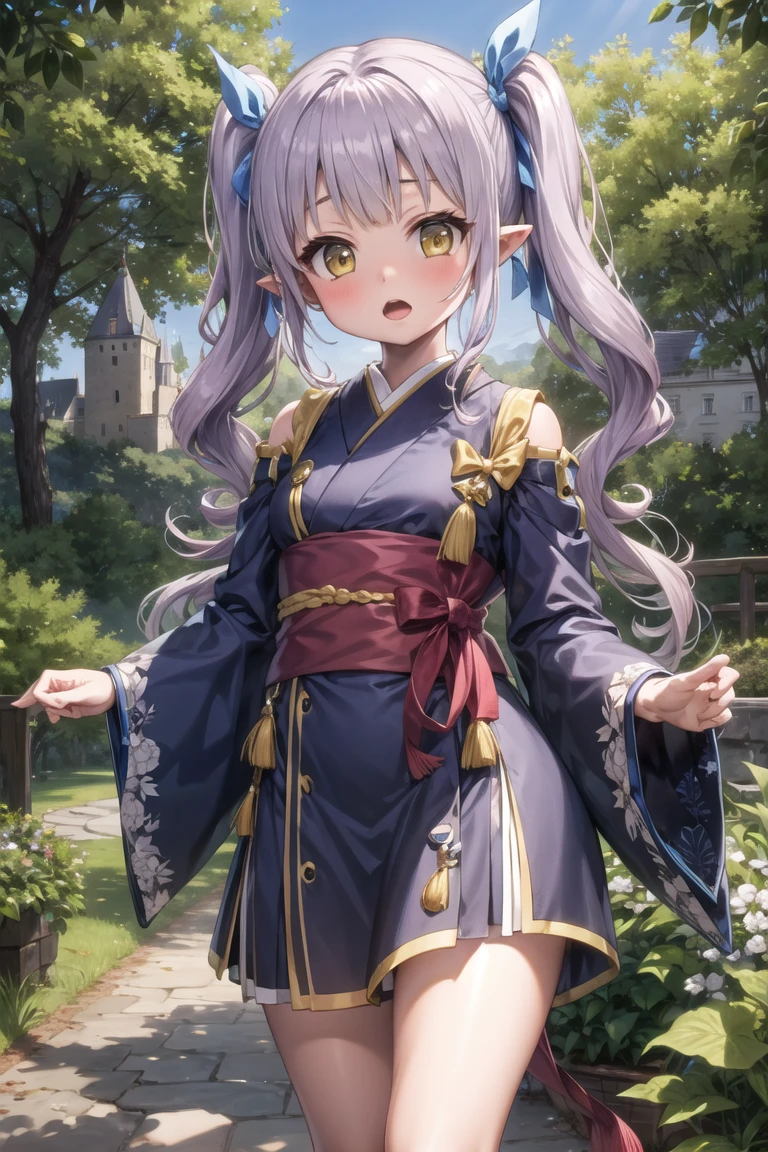 (masterpiece, best quality:1.3), (beautiful and aesthetic:1.2), (detailed background:1.5), (forest with castle on the horizon:1.2),
1girl, solo, long hair, looking at viewer, open mouth, long sleeves, (twintails:1.1), very long hair, hair ribbon, yellow eyes, purple hair, japanese clothes, pointy ears, wide sleeves, blue ribbon, yellow bow, kyouka (princess connect!),
<lora:lambda-10:0.7:lbw=ALL>