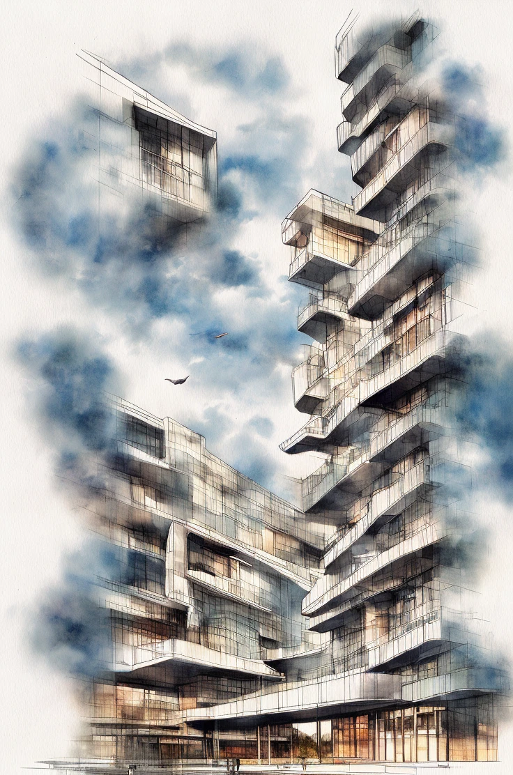 ((modern architecture building)) , clouds, birds, architecture watercolor sketches style, warm tone,<lora:watercolor:1>