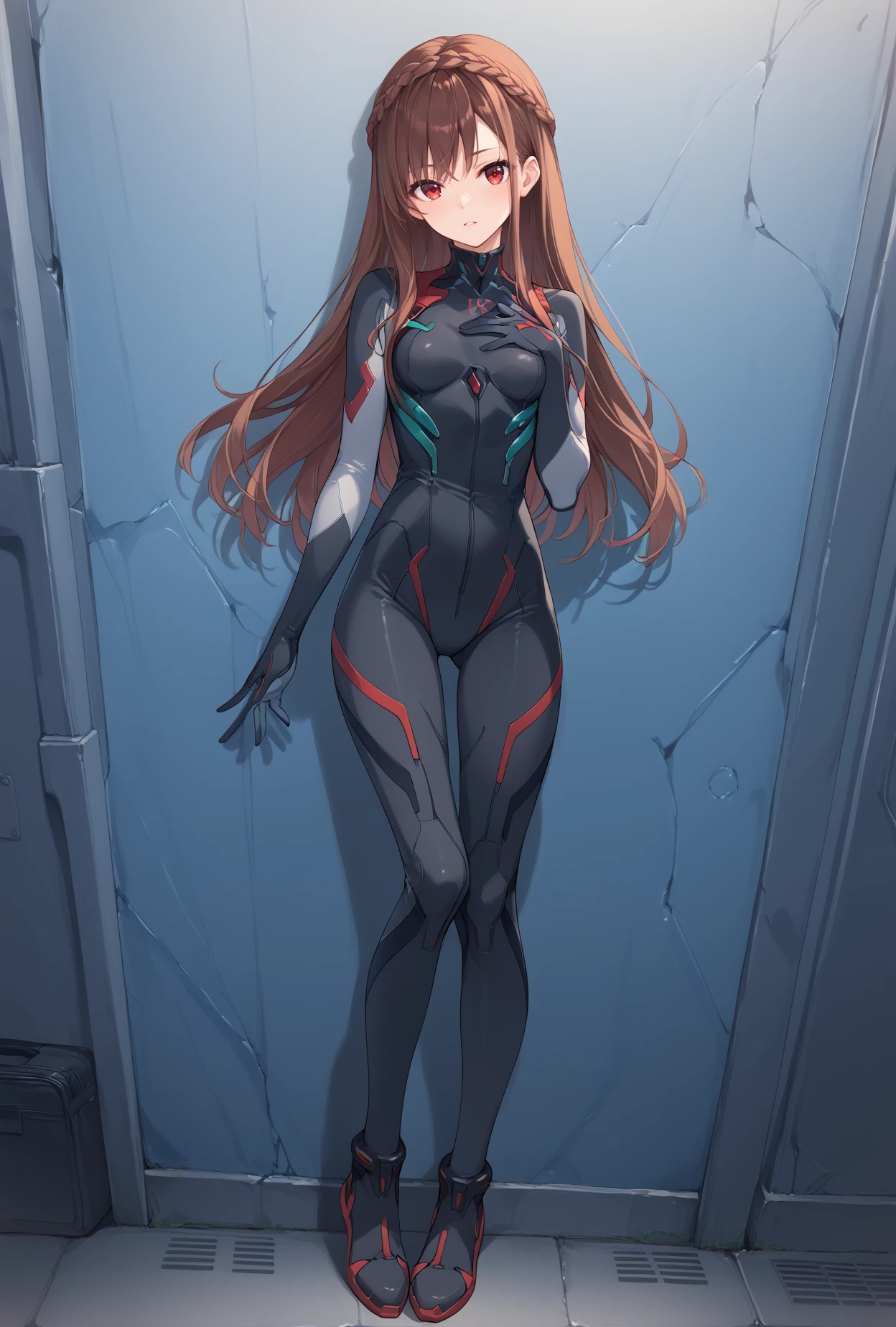 score_9, score_8_up, score_7_up, score_6_up, score_5_up, score_4_up,anime source,
ensemble style,izumi(ensemble),1girl,brown hair,red eyes, long hair, braid,
evasuit09,plugsuit, black bodysuit,
against wall,on back,full body, looking at viewer,standing, hand on own chest, <lora:IzumiXLPony:1>,<lora:Evasuit09XLPony:1>