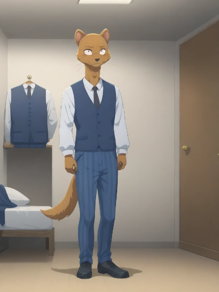 kaiBS, mongoose, anthro, full body, flat colors, hand on head, looking at viewer, simple artstyle, inside, dorm, hallway, tail, slim, skinny, leaning on wall, shoes, striped pants, white shirt, blue vest, tie, 